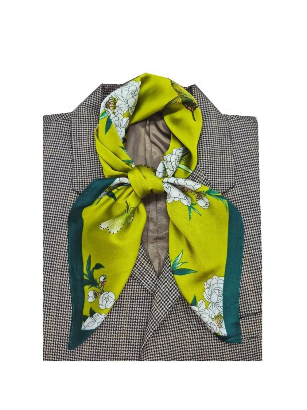 ✨Chic Silky Square Scarf Bright Green Butterfly White Floral Print Head Bandana✨